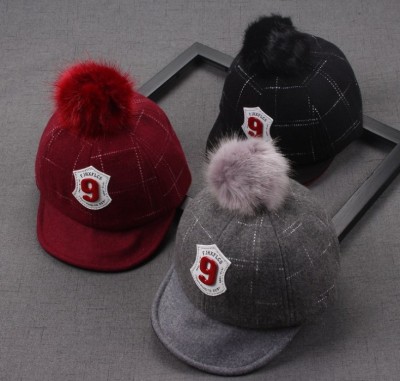 Children's baby baseball cap fur ball cap new woolen lattice caps cap for boys and girls