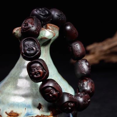 Natural 20 strikes wood, splitting peach wood carving, smiling maitreya Buddha, Buddha beads, hand clusters of jujube wood bracelet ornaments
