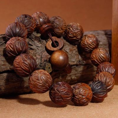 Authentic natural high - grade carved lotus camphor wood fish buddhist beads bracelet camphor wood hand string wooden buddhist beads jewelry for men and women