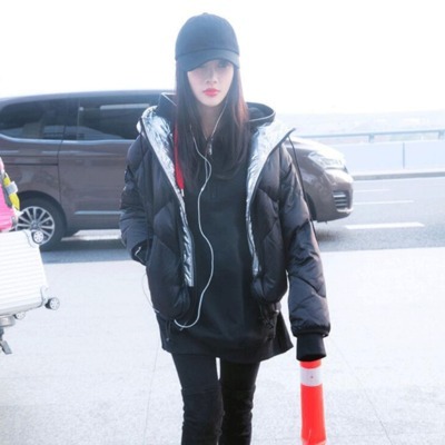 Li Xiaolu airport star with the 2017 winter new short hooded two-tone silver down feather cotton