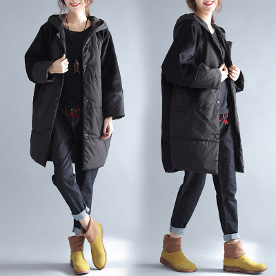 Winter new thick long section of large size women fat mm Korean version of the wind solid color hooded stitching cotton