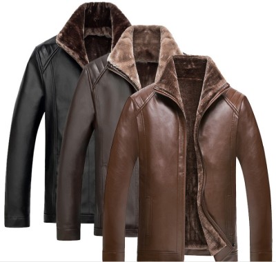 Men 's fur one leather men middle - aged collar jacket casual jacket men' s leather men 's clothing
