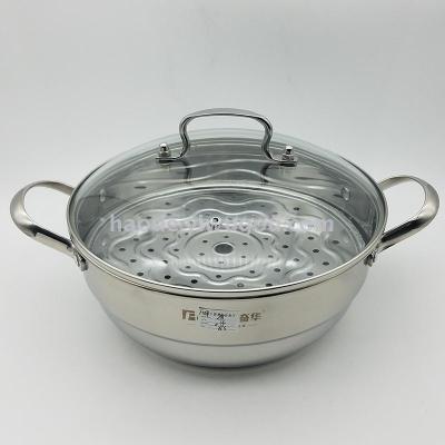 Stainless steel double bottom soup steamer double ear glass cover soup pot multi - purpose pot gift soup pot