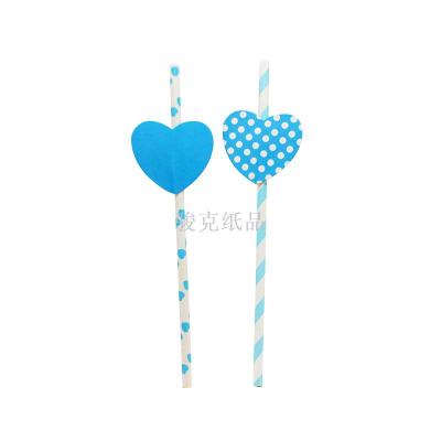 Hot selling foreign trade environmental degradable paper pipette blue love patches kraft straw