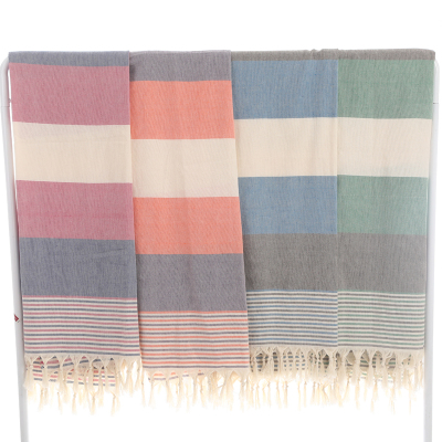 The factory sells color wide striped tassel scarf to cover the blanket.