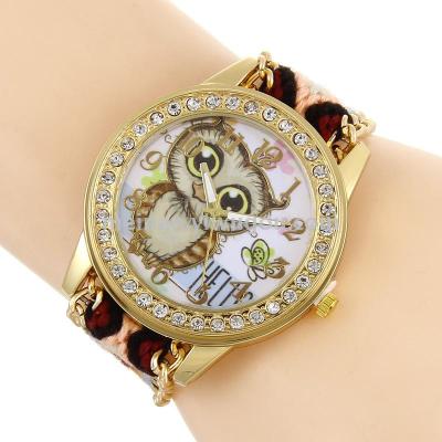Quick sell hot sell cartoon owl wool knit watch national style drill women's watch