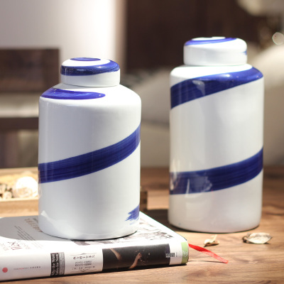 Ceramic process blue and white striped storage tank home decoration storage tank for large size.