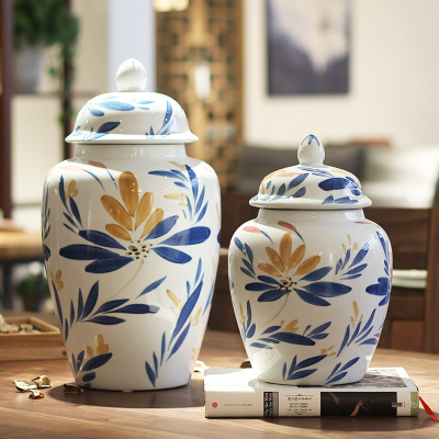 Ceramic handicraft furong blue flower storage tank household ornaments can be placed in large size.