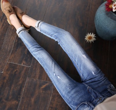 Break the hole jeans female spring fall to show thin 9 minute pants student rolled side small foot pencil pants