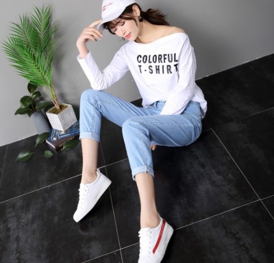 New jeans in the spring, women's nine-point baggy pants, high-waisted jeans, female han chao.