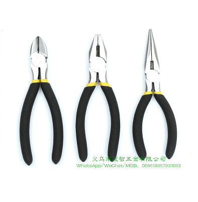 Pliers with plastic handle and pointed nose pliers.