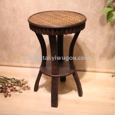 Vintage Bamboo Mixed Rattan round Ottoman Flower Stand 09-1809