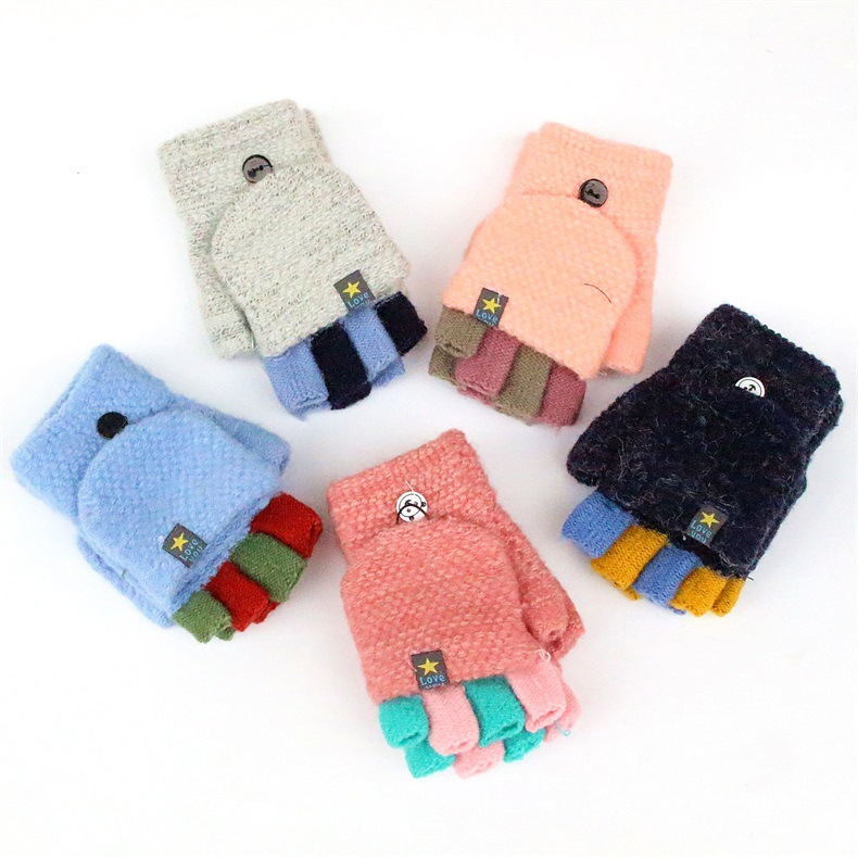 春秋新款儿童中童男女童小孩翻盖半指手套保暖可爱加厚现货批发