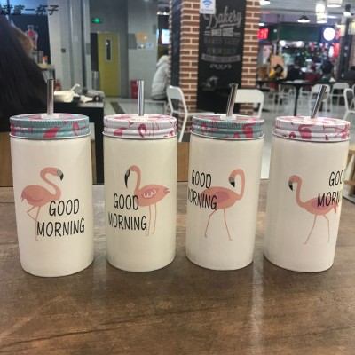 Flamingos straw creative mark ceramic cup with cover office breakfast milk coffee lovers female students water cup..
