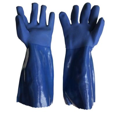 Blue lengthened oil resistant anti-slip acid alkali industrial gloves protective gloves.