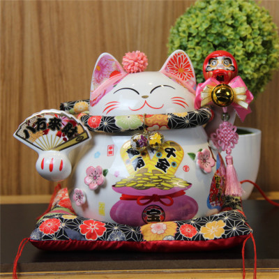 Le meow 8 \\\"everything goes well lucky cat cherry cat piggy bank set a gift 86881