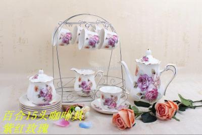 The new 15 flower coffee cup tea set with iron frame coffee cup ceramic pot.