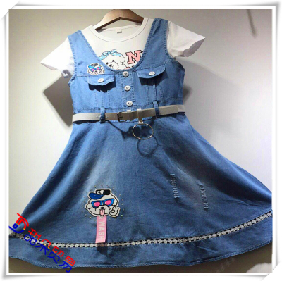 Girl's spring, summer, autumn and winter, the new children's wear, 2018, two suspender skirt printed denim dress.