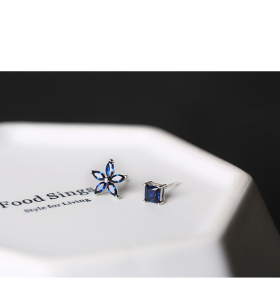 S925 platinum plated blue club square asymmetrical earrings