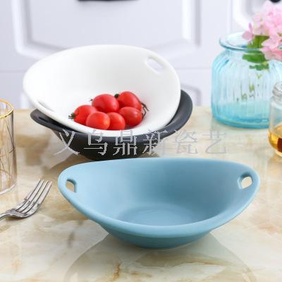 Japan and South Korea simple creative oval double ear bowl salad bowl fruit bowl matte frosted glaze ceramic tableware.