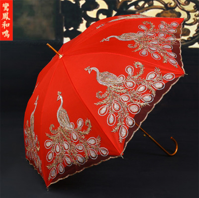 Bride's umbrella number of birds zhaofeng semi-automatic long handle sun umbrella display dowry supplies wholesale