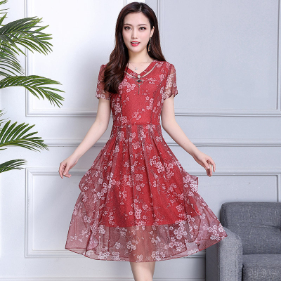 Summer in the elderly women chiffon print dress Slim big size mother in the long paragraph dress