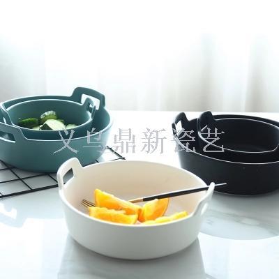 Nordic wind creative double ear ceramic fruit salad bowl noodle bowl water boil crayfish soup bowl soup bowl.