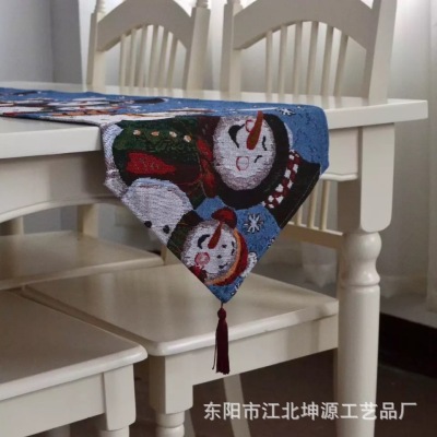 Hot sales export fine yarn - dyed polyester jacquard Christmas table flag tablecloth special trade Christmas snowman decorative cloth art.