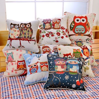 New products supply yarn-dyed jacquard owl pillow case with amazon cross-border popular cartoon creative cushion cover.