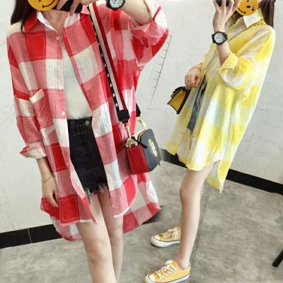 Summer protective clothing plaid blouse loose long sleeve coat long style sun protective shirt student cardigan blouse