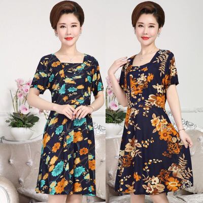 The 2018 new short-sleeved dress for middle-class women with thin summer dresses for mothers is a summer dress for The elderly