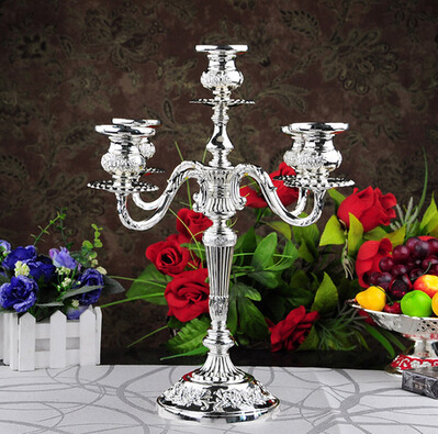 Five-head luxury silver-plated alloy European alloy candlestick home hotel KTV classic style.