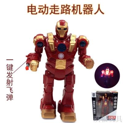 Electric walking robot electric iron man lights music to launch the puzzle children's toys.