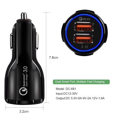 Dual USB with LED Light Qc3.0 Fast Charge Car Charger Car Smart Car Mobile Phone Charger 5v9v12v Function