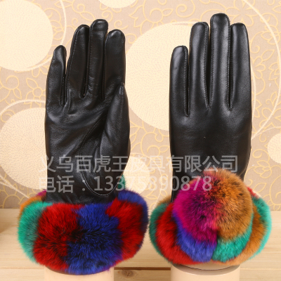 100 tiger wang female beaver rabbit hair autumn and winter with warm leather gloves.