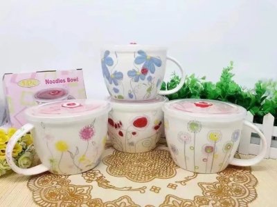 Gift ceramic cup cartoon design big soup cup 5.25 inch abstract flower bowl foreign trade ceramics.