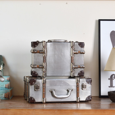 LOFT vintage aluminum leather suitcase portable storage box decorative prop box.