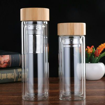 Factory Direct Sales Double-Layer Bamboo Cover Glass Transparent Borosilicate Glass Cup with Filter Screen Tea Brewing Cup Customization