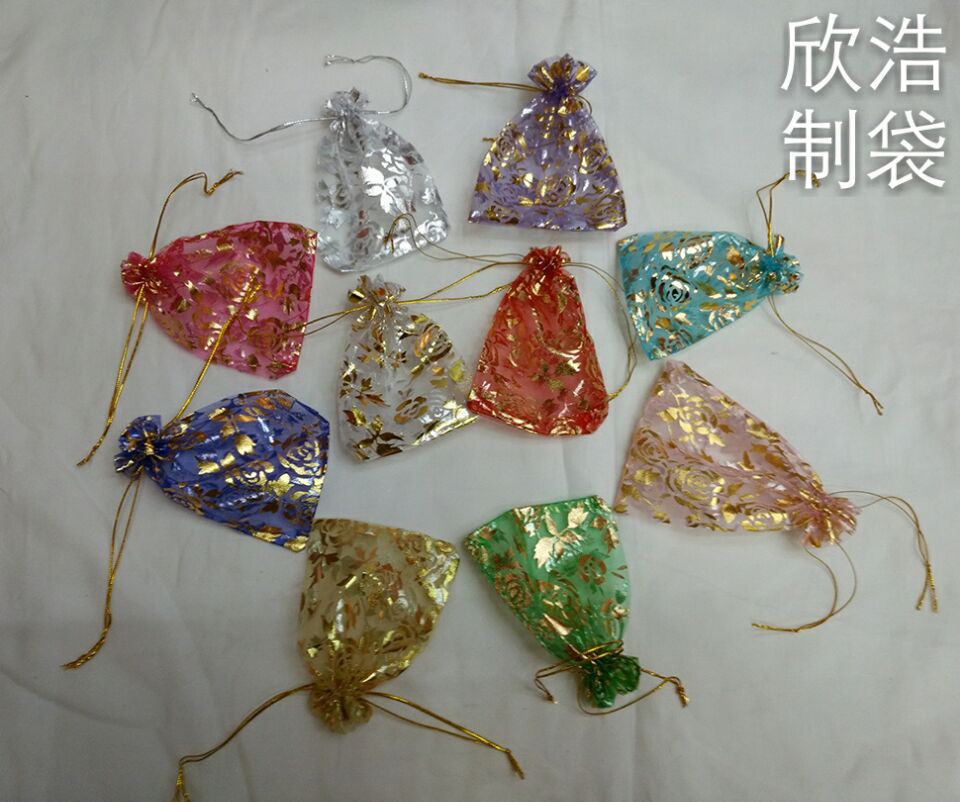 厂家供应10*14烫金纱布袋 饰品纱布袋 礼品欧根束口纱袋