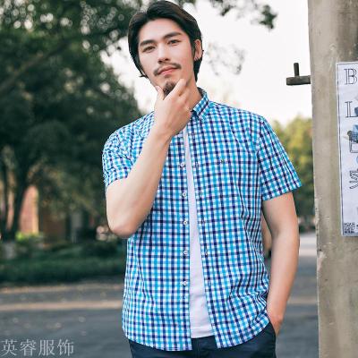 Summer men short-sleeved new all-cotton Oxford pure color leisure youth slim plaid shirt fashionable men lining.