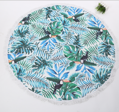 Green leafy parakeet beach towel with summer tassel round beach towel.