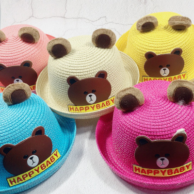 The new summer straw hat han version of The children's big bear straw hat cartoon animal model hat baby male and female han plate cap.