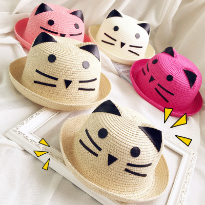 Summer new south Korean version of cute cat children's hats and baby hats and baby straw hats.
