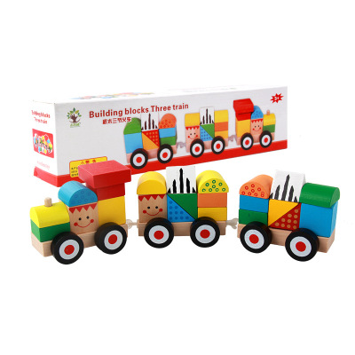 Children's block toy color wood assemble three cars tasteless environmental protection rotary drag train.