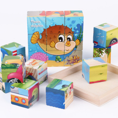 Jigsaw children's wooden toys 9 pieces of six - sided puzzle pieces and six paintings wholesale.