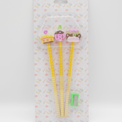 Pencil with 3 cake shape erasers set