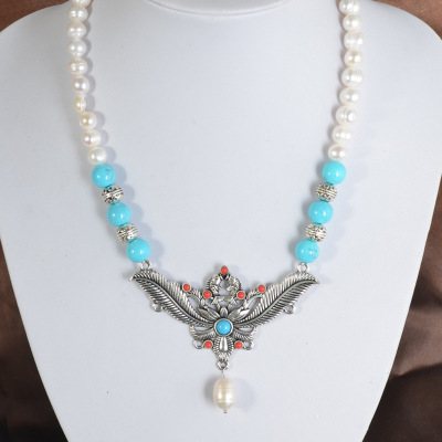 New breed pearl pine stone antique silver accessories retro ethnic style xinjiang Russian style necklace foreign trade sources