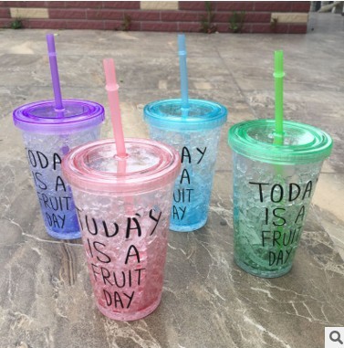Summer ice cup gradual change color double ice shuang plastic cup student hand cup straw cup with lid creative cup