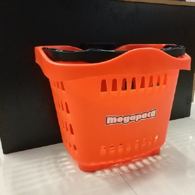 Supermarket plastic rolling shopping basket with wheels