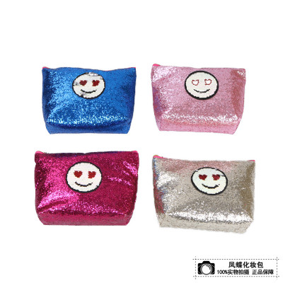 Simple fashion sequined smiling face handbag cosmetic bag manufacturer direct shot